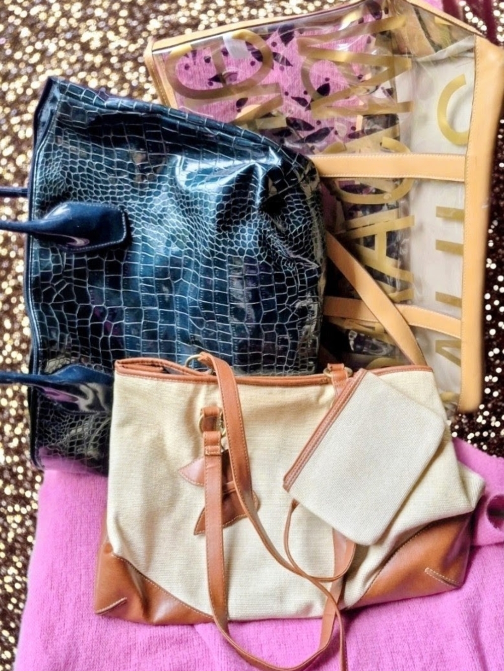 Lot Of 3 Canvas and Leather Tote Bag with Matching Pouch - Tan and Cream
